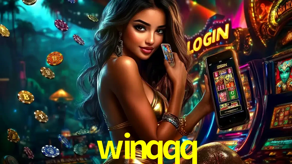 Mulher em um cenário de cassino temático de aventura, mostrando o app de caça-níqueis da winqqq no celular. Fichas de apostas flutuam ao redor.