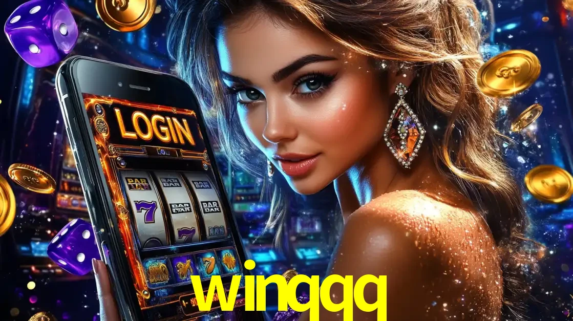 Mulher glamorosa segurando um smartphone com a tela de login para os jogos de caça-níqueis do cassino online winqqq, com moedas de ouro e dados ao redor.